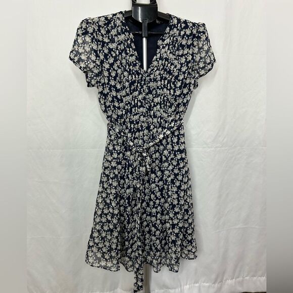 MSK navy blue floral chiffon tie belt waist 14P - Picture 1 of 7